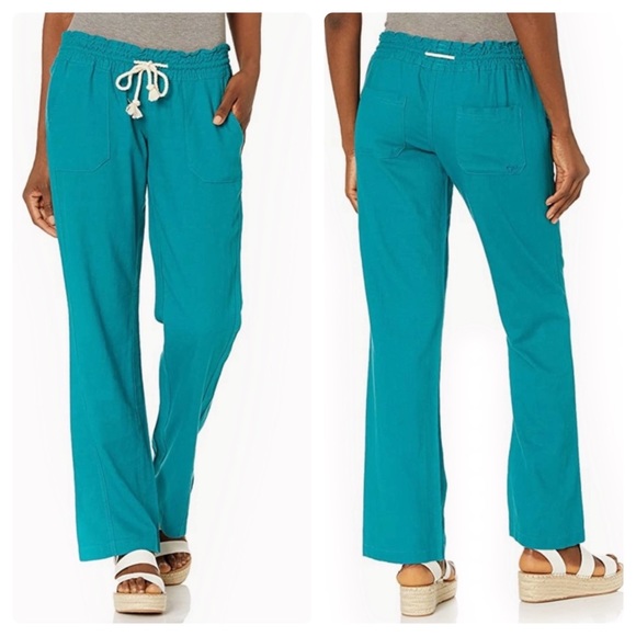 Roxy Pants - Roxy Linen Pants Teal Blue Green Wide Leg Oceanside Flare Pant Womens XS